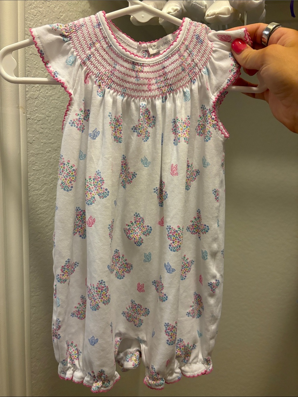 Kissy Kissy White Floral Butterfly Smocked Baby One-Piece